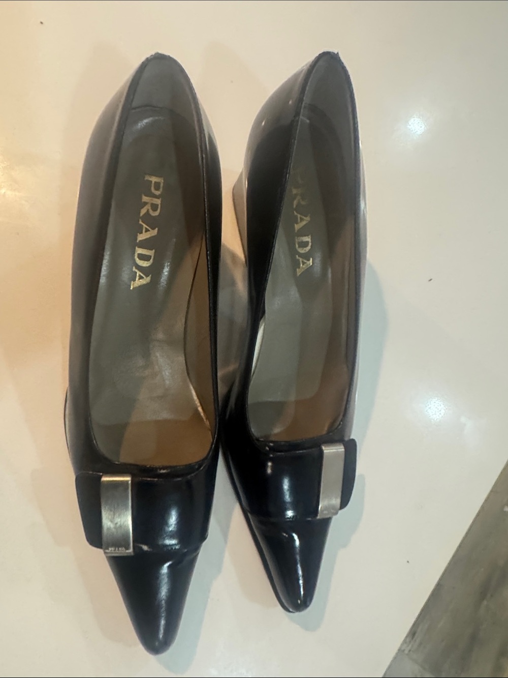 Prada Black Patent Leather Pointed Toe Mid Block Heel Pumps - Picture 15 of 17